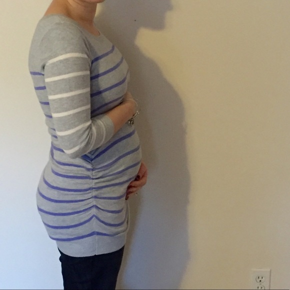 Motherhood Maternity Sweaters - Maternity Grey, White & Periwinkle Striped Sweater Motherhood Maternity Sweaters - Maternity Grey, White & Periwinkle Striped Sweater